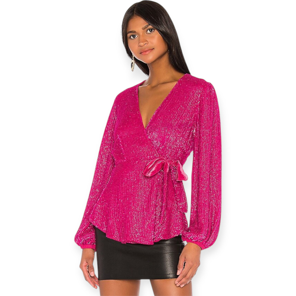 Retrofete Bette Top Fuchsia Pink Sequin Velvet Wrap Tie Blouse XS fits S NWT